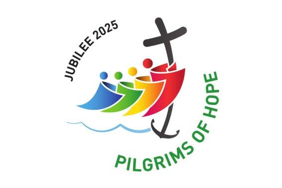 Logo for Jubilee 2025 featuring colorful boats and a cross, symbolizing "Pilgrims of Hope." The design includes vibrant colors representing diversity and unity, with a wave motif at the bottom.