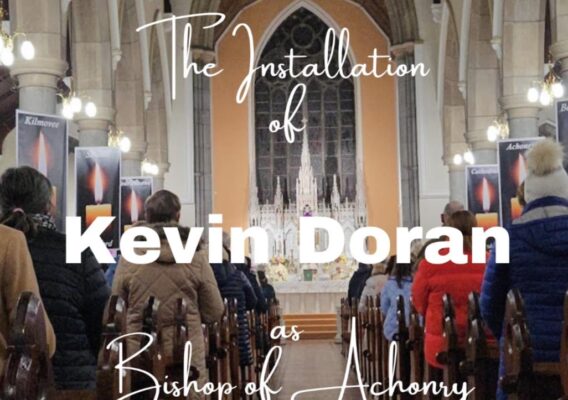 Image of the installation ceremony for Kevin Doran as Bishop of Achonry at the Cathedral of The Annunciation and St Nathy in Ballaghaderreen on March 30, 2025, during the Fourth Sunday of Lent, known as Laetare Sunday. The interior of the cathedral is filled with attendees facing the altar, with religious decorations visible in the background.