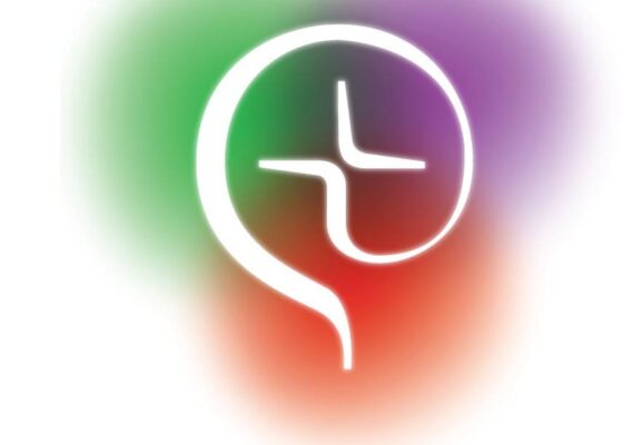 Abstract logo design featuring a stylized brain with a cross symbol, surrounded by a colorful gradient of green, purple, and red hues, representing creativity and innovation in mental health and wellness.