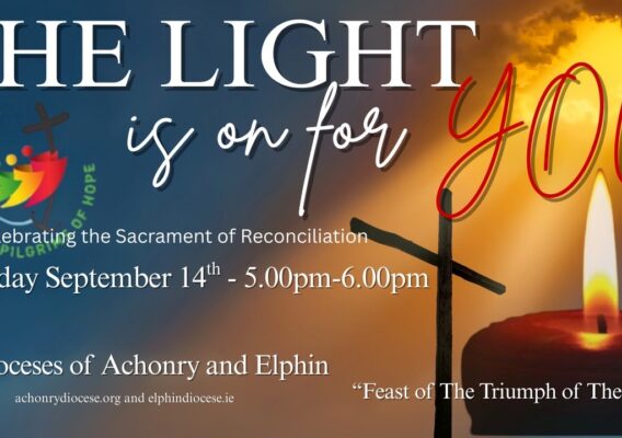 Alt text: Event flyer for a celebration of the Sacrament of Reconciliation on Sunday, September 14th, from 5:00 PM to 6:00 PM, organized by the Dioceses of Achonry and Elphin, featuring a candle and cross graphic, with a background of light and clouds.